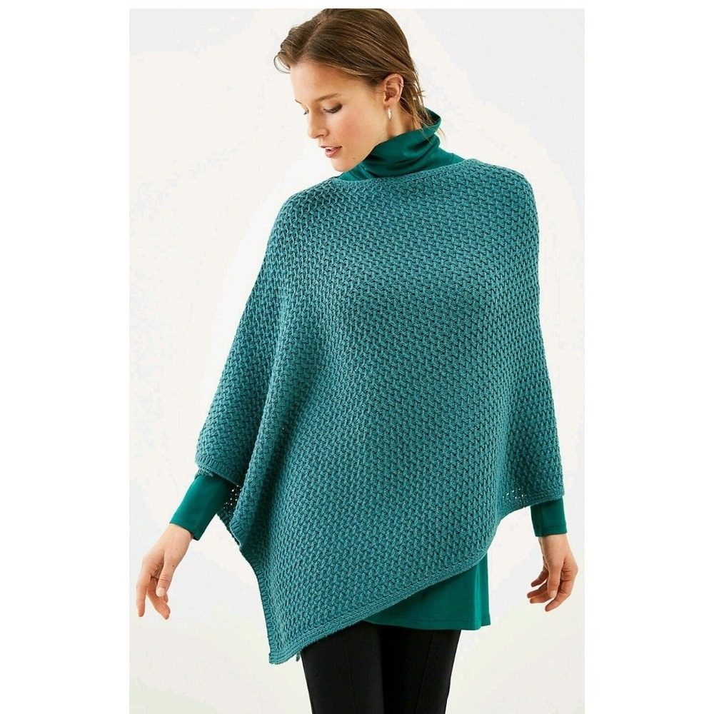J. Jill Jade Heather Teal Knit Poncho One Size Cotton Wool Blend Fall Boho